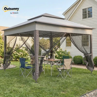 Outsunny 3.25 x 3.25m Deluxe Metal Gazebo, with Curtains - Brown and Grey