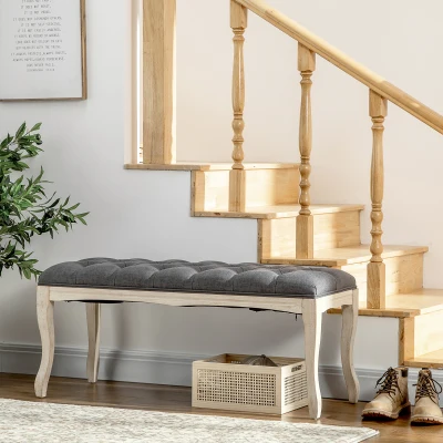 HOMCOM Banco Banqueta capitonê Estilo Clássico 110 cm Banco ao pé da cama Estofado em linho Pés em madeira de hévea esculpida Linho Cinza