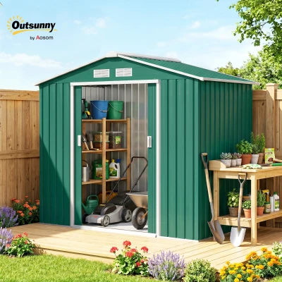 Outsunny 7ft x 4ft Lockable Garden Shed Large Patio Roofed Tool Metal Storage Building Foundation Sheds Box Outdoor Furniture, Green