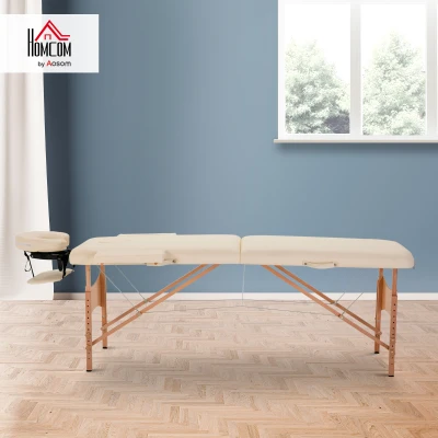 HOMCOM Portable Massage Bed, Foldable Spa Beauty Massage Table with 2 Sections, Carry Bag and Wooden Frame, Cream White