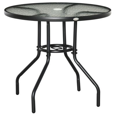 Outsunny Tavolo Rotondo con Foro Ombrellone e Piano in Vetro Nero
