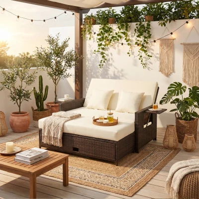 Outsunny Rattan Sun Lounger 2-Seater Day Bed Brown