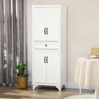 HOMCOM Aparador alto armário de cozinha 4 portas 2 armários e 1 gaveta central altura 170 cm com prateleira ajustável branco