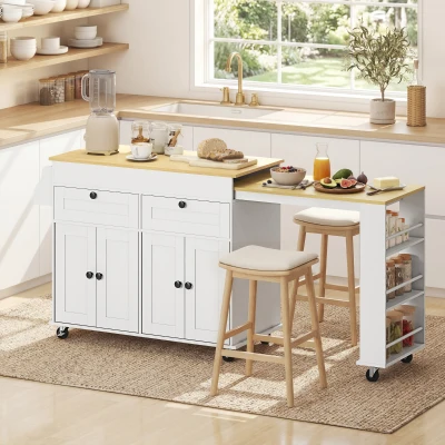 HOMCOM Îlot Cuisine Extensible avec Roulettes et Rangement Blanc