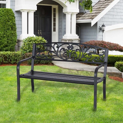Outsunny Banco de Jardim para terraço em Aço Ferro Fundido Preto 2 Lugares 127 x 60 x 87 cm Carga Máx 240 kg