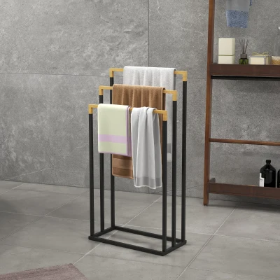 kleankin Toallero de Pie Escalonado con 3 Barras de Bambú y Marco de Acero para Baño Lavadero 45x22,5x86 cm Negro y Natural