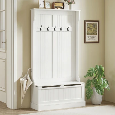 HOMCOM Meuble Entrée 3-en-1 Banc Rangement 5 Crochets Crème