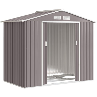 Outsunny 7ft x 4ft Lockable Garden Storage Shed, Metal Tool Storage Sheds with Sloped Roof and Foundation, Grey