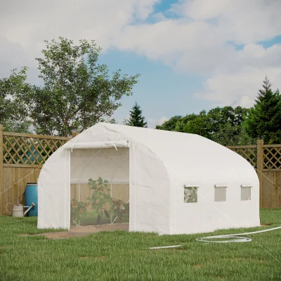 Outsunny Estufa túnel de jardim 10,4 m² estufa de jardim anti-UV porta enrolável com zíper janelas com tela 350 x 300 x 200 cm branco