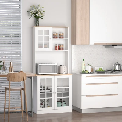HOMCOM Alacena de Cocina con Estantes y Puertas de Vidrio para Pequeños Electrodomésticos y Menaje 80x37x183 cm Blanco