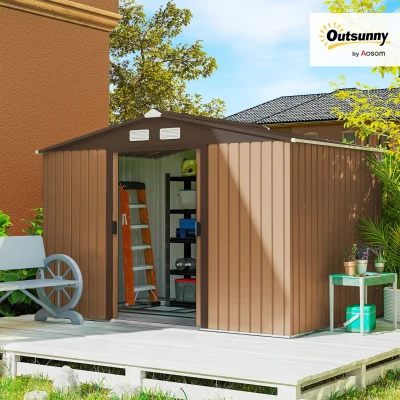Outsunny 9 x 6FT Outdoor Garden Roofed Metal Storage Shed Tool Box with Foundation Ventilation & Doors, Yellow