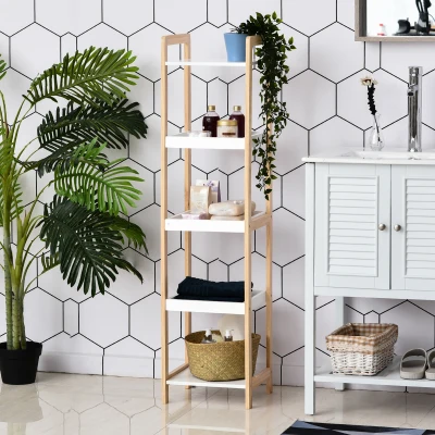 HOMCOM Estante em Bambu para Casa de Banho Estante Vertical 3 cestos + 2 prateleiras dim. 32L x 30l x 130H cm Bege Branco