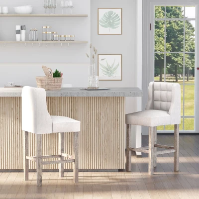 HOMCOM Set of 2 Bar Stools with Button Tufting, Solid Wood, incl. Footrest, 47 cm x 50 cm x 101 cm, Gray + Natural