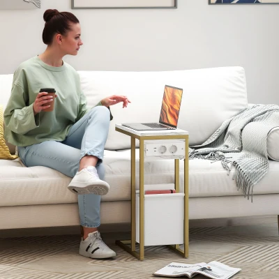 HOMCOM Mesa de apoio em forma de C com estação de carregamento bolsa de arrumação em tecido tampo com efeito mármore, 46 x 25 x 62,5 cm, branco