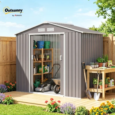 Outsunny 7ft x 4ft Lockable Garden Storage Shed, Metal Tool Storage Sheds with Sloped Roof and Foundation, Grey