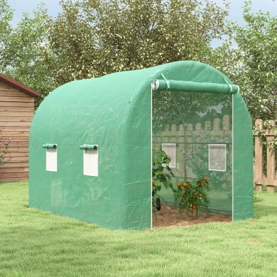 Outsunny Estufa de Jardim Túnel Área ao Solo 6 m² estrutura Tubular Reforçada Porta com Zíper 4 Janelas Enroláveis Verde