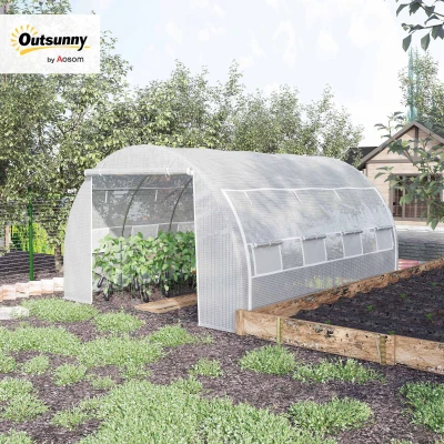 Outsunny 4 x 3 x 2 m Polytunnel Greenhouse w/ Roll-up Side Walls, Steel Frame Walk-in Grow House Tent w/ Zippered Door and 8 Windows and Reinforced Cover for Garden and Backyard, White
