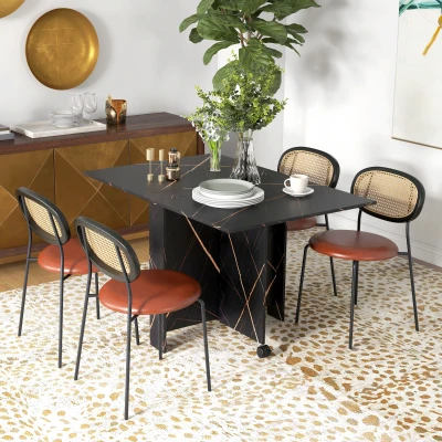 HOMCOM Mesa de Comedor Plegable con Ruedas y 2 Alas Abatibles Hasta 6 Personas Acabado Mármol 120x80x73 cm Negro