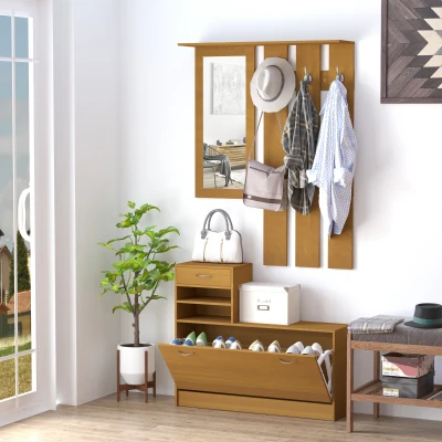 HOMCOM Recibidor de Entrada con Espejo Perchero y Zapatero Mueble de Recibidor de 2 Piezas con 6 Ganchos Estantes y Cajón Abatible para Pasillo Madera Marrón