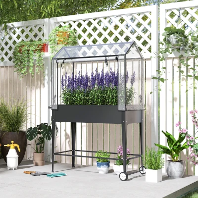 Outsunny Canteiro elevado com cobertura em PVC jardineira elevada com rodas orifício de drenagem 100 x 45 x 152 cm preto