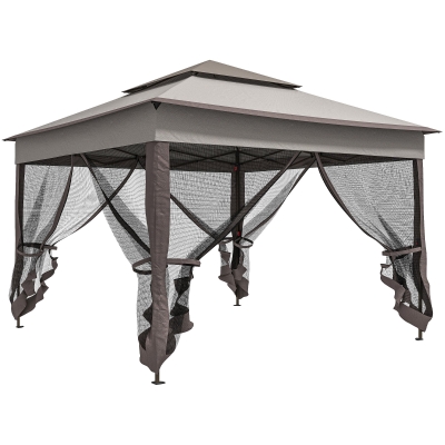 Outsunny 3.25 x 3.25m Deluxe Metal Gazebo, with Curtains - Brown and Grey
