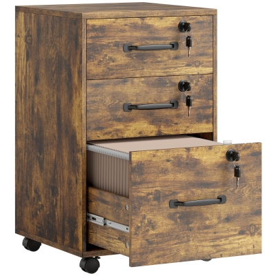 HOMCOM Caisson Bureau 3 Tiroirs Verrouillables Roulettes Marron