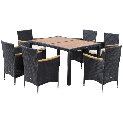 Outsunny Conjunto de jardim 6 pessoas grande mesa de jantar retangular + 6 cadeiras & almofadas laváveis