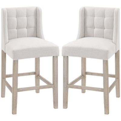 HOMCOM Set of 2 Bar Stools with Button Tufting, Solid Wood, incl. Footrest, 47 cm x 50 cm x 101 cm, Gray + Natural