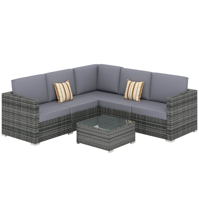 Outsunny 4 Pieces Rattan Garden Furniture Set, Wicker Outdoor Furniture Set with Corner Sofa Loveseat Coffee Table Cushions, Conservatory Furniture Set for Patio Balcony Poolside, Grey