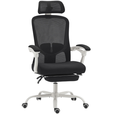 HOMCOM Silla de Oficina Reclinable 135° con Reposapiés, Soporte Lumbar, Reposacabezas, Altura Ajustable, en Malla, Negro
