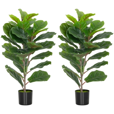 HOMCOM Conjunto de 2 plantas artificiais de interior 80 cm figueira-lira artificial com vaso de plástico e flocagem verde