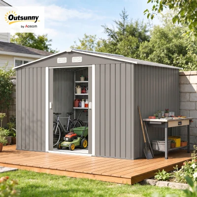 Outsunny 9 x 6FT Outdoor Garden Roofed Metal Storage Shed Tool Box with Foundation Ventilation & Doors Light, Grey