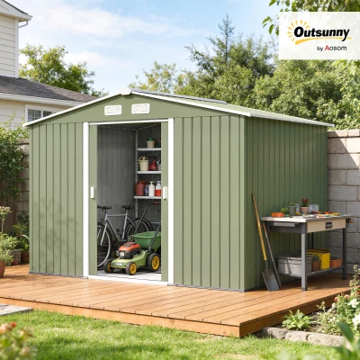 Outsunny 9 x 6ft Garden Metal Storage Shed, Outdoor Storage Tool House with Ventilation Slots, Floor Foundation and Lockable Double Doors, Light Green