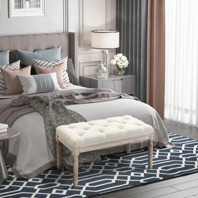 HOMCOM Banco Pie de Cama, Taburete Pie de Cama Tapizado en Lino Sintético con Patas de Madera y Asiento Acolchado, Estilo Vintage, Banco para Dormitorio, Entrada, Pasillo, Beige