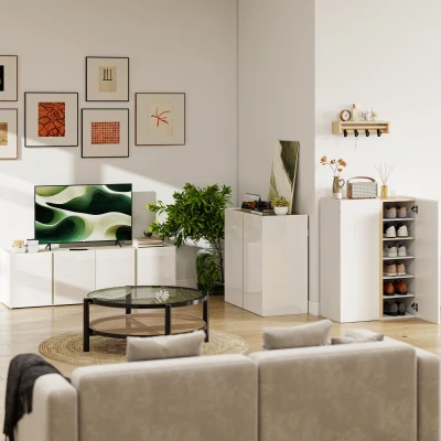 HOMCOM Móvel para TV, rack para TV com 4 portas com fechamento amortecido, prateleira ajustável e passagens para cabos, 135 x 38 x 45 cm, branco