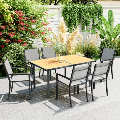 Outsunny Mesa de jantar de jardim para 6 pessoas mesa de jardim com tampo efeito madeira em aço 150 x 90 x 72 cm madeira natural