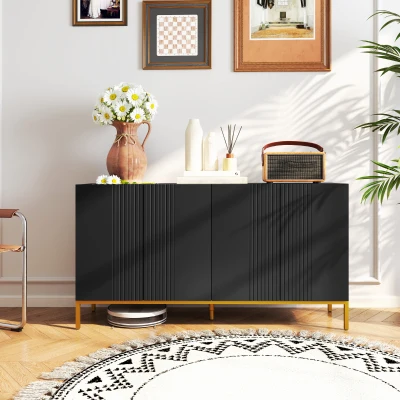 HOMCOM Buffet design contemporâneo gráfico 2 armários portas prateleiras reguláveis em madeira preta metal dourado