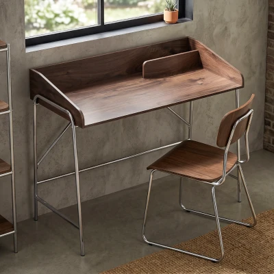HOMCOM Escritorio Escritorio para Ordenador 109 cm con Borde de Seguridad y Estructura de Metal Nogal