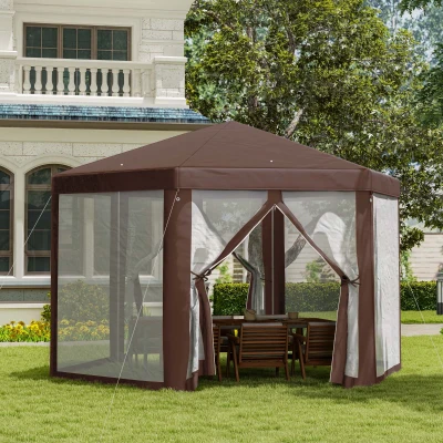 Outsunny Hexagonal Garden Gazebo - Patio Party Outdoor Canopy Tent Sun Shelter with Mosquito Netting and Zipped Door, Brown