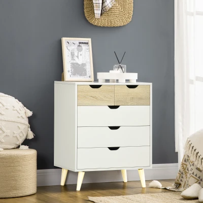 HOMCOM Cómoda con 5 Cajones Cajonera para Dormitorio Salón Estudio Estilo Moderno 60x40x77,5 cm Natural y Blanco