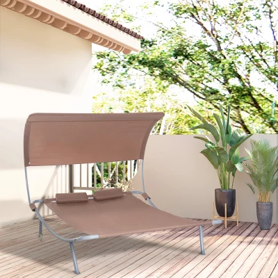 Outsunny Espreguiçadeira 2 Lugares Cama de Jardim Teto regulável 2 rodízios 2 almofadas Aço epóxi Poliéster Castanho escuro