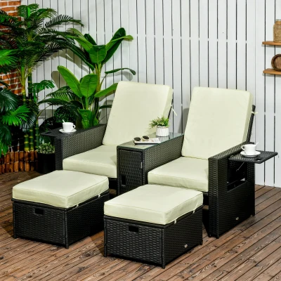 Outsunny 5PC Rattan Sun Lounger Adjustable Sofa Bed Black