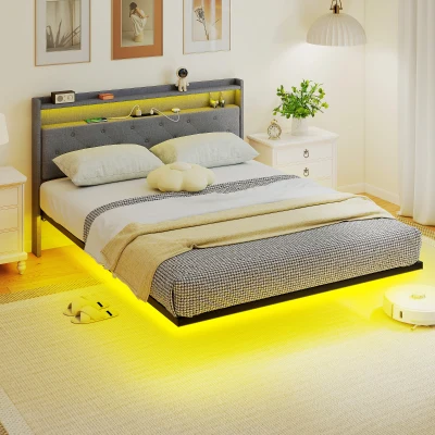 HOMCOM Upholstered King Bed Frame with LED & Charging Grey
