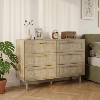 HOMCOM Cassettiera 6 Cassetti Boho in Legno e Rattan 110x40x75cm