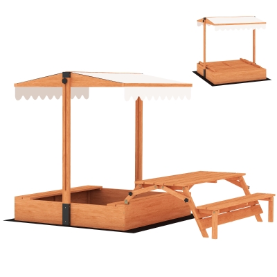 AIYAPLAY Arenero para Niños de Madera con Toldo Ajustable Mesa de Picnic con Bancos 6 Niños de 3-8 Años 184x110x120 cm Marrón