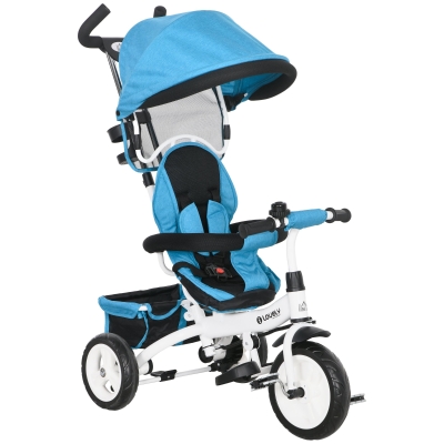 HOMCOM 6-in-1 Kinderdriewieler met Duwstang, Zonnedak, Gordel, Opbergmand, voor 1-5 Jaar, Blauw
