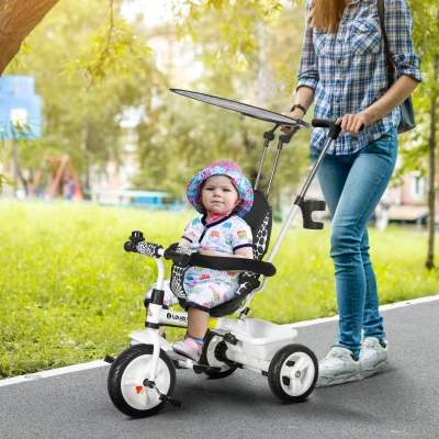 HOMCOM 6-in-1 Kinder Driewieler met Duwstang, Dak, Gordel, Opbergmand, voor 1-5 Jaar, Wit
