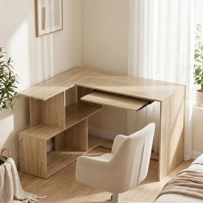 HOMCOM Escritorio de Esquina 120x100x76 cm Escritorio en L con Bandeja para Teclado Madera Natural