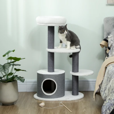 PawHut Krabpaal met 1 kattenhol, 1 kattenbed, 2 platformen, jute-touwpalen, Wit + Grijs