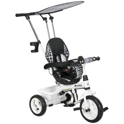 HOMCOM 6-in-1 Kinder Driewieler met Duwstang, Dak, Gordel, Opbergmand, voor 1-5 Jaar, Wit